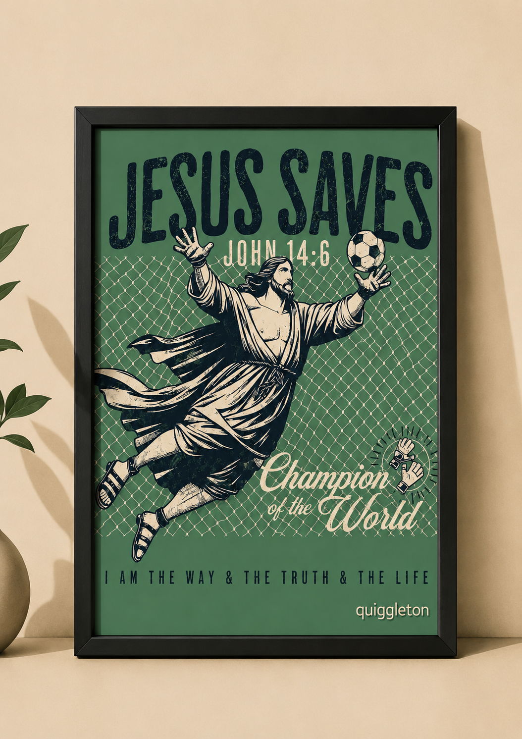 تابلو دکوراتیو Jesus Saves طرح دروازه‌بان فوتبال | کد 8