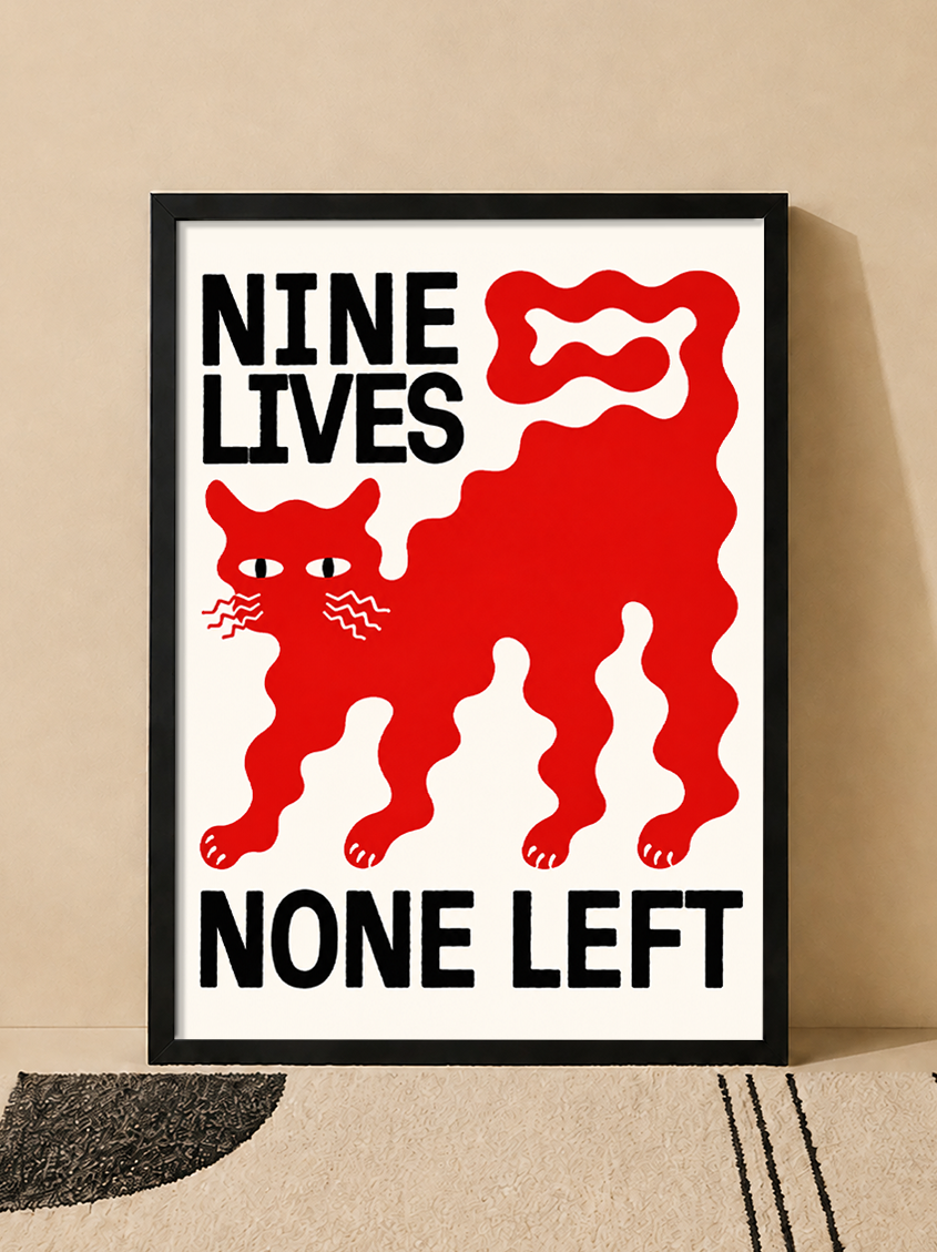 تابلو دکوراتیو طرح Nine Lives, None Left با گربه مفهومی | کد 20