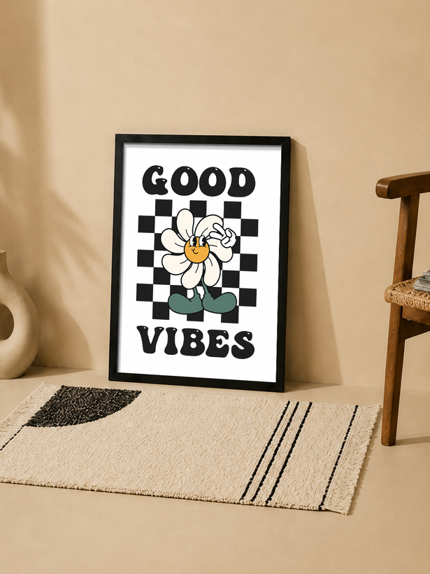 تابلو دکوراتیو Good Vibes گل کارتونی | کد 93
